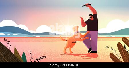 jeune homme passant du temps avec le maître de chien mâle et mignon animal domestique ayant l'amitié amusante avec le concept d'animal de compagnie Illustration de Vecteur