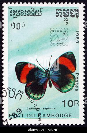 CAMBODGE - VERS 1989: Un timbre imprimé au Cambodge montre callithea sapphira, papillon, vers 1989 Banque D'Images