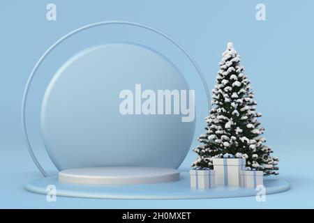 Noël fête bleu hiver composition 3d.Scène réaliste, podium, studio de Noël.Un fond de Noël festif minimal avec un tr de Noël recouvert de neige Banque D'Images