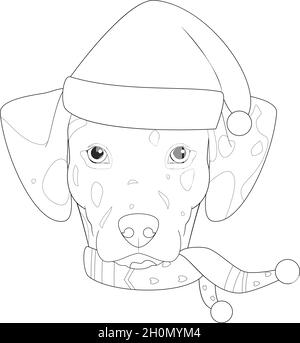 Carte de vœux de Noël à colorier.Chien dalmatien avec chapeau de père Noël Illustration de Vecteur