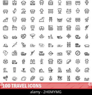 100 icônes de déplacement définies. Illustration de 100 icônes de voyage ensemble de vecteurs isolé sur fond blanc Illustration de Vecteur