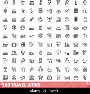 100 icônes de déplacement définies. Illustration de 100 icônes de voyage ensemble de vecteurs isolé sur fond blanc Illustration de Vecteur