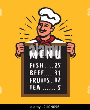Le chef présente le menu du restaurant à bord.Illustration vectorielle de dessin animé Food concept Illustration de Vecteur