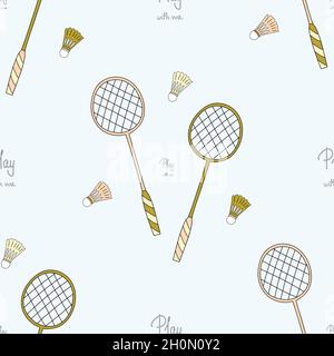 Motif sans couture avec raquettes et volants de badminton.Style Doodle avec lettrage jouer avec moi.Illustration vectorielle. Illustration de Vecteur