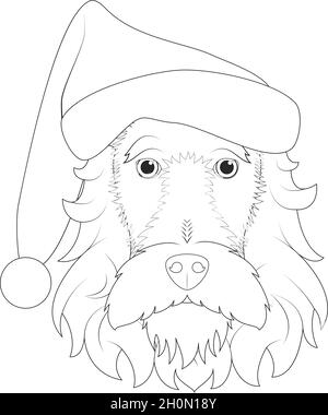 Carte de vœux de Noël à colorier.Chien Fox Terrier avec barbe et chapeau de Père Noël Illustration de Vecteur