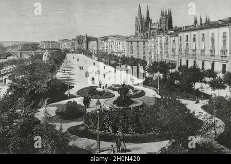 Espagne, Burgos. Avenue Paseo del Espolón. Gravure. La Ilustracion Española y Americana, 1881. Banque D'Images