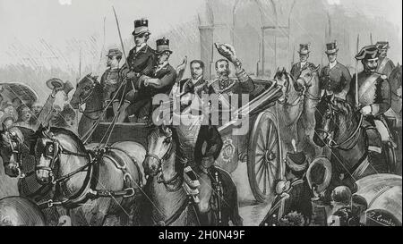 Espagne, Estrémadure, Cáceres.Le roi Alfonso XII d'Espagne (1857-1885) et le roi Luis I du Portugal (1838-1889) à l'occasion de l'inauguration du Banque D'Images