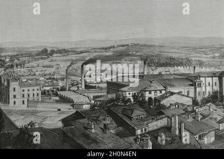 Espagne, Asturies.Industrie militaire.Usine d'armes de Trubia.Panoramique de la Fábrica Nacional de Armas y Fundición de Cañones.Dessin de la vie par J. Cue Banque D'Images