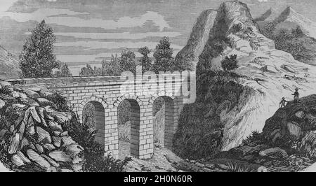 Espagne, province de Valence. Aqueduc de Peña Cortada. Près de Chelva. L'aqueduc date de la fin du 1er ou du début du 2ème siècle. Engravin Banque D'Images