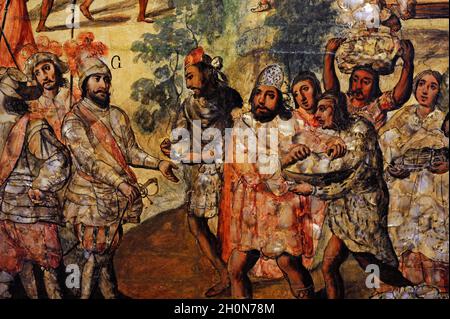 La conquête du Mexique (1519-1521).Hernan Cortes à Zempuala.Il est accueilli par le 'Cacique Gordo' (chef Gordo).Détails.Table appartenant à un ensemble o Banque D'Images
