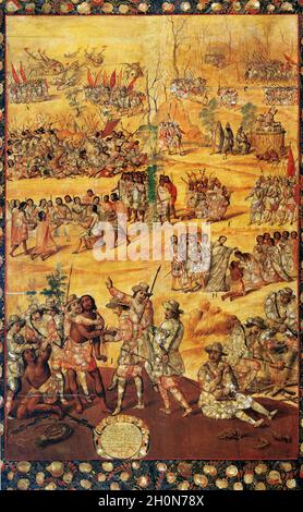 La conquête de México (1519-1521).Scènes représentées: Hernan Cortes détruisant la flotte; la guerre à Cholula; Cholultecas indiens s'agenouillent devant le roi Banque D'Images