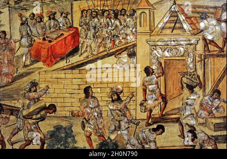 La conquête du Mexique (1519-1521).D- Hernan Cortes nomme les maires ordinaires de la ville, F- Construction de la Villa Rica où les indiens Totonac hel Banque D'Images