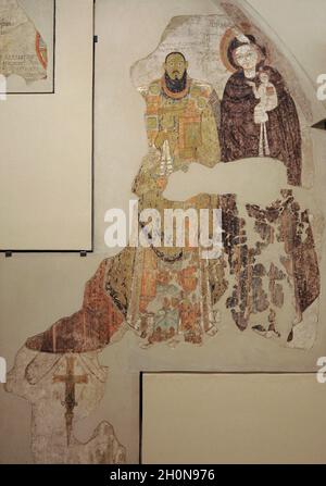 Fresque représentant l'évêque Marianos de Pakhoras, la Vierge Marie et l'enfant, le Christ (fragment) et Saint Melas (fragment).1005-1039.Chapelle sud de Faras Banque D'Images