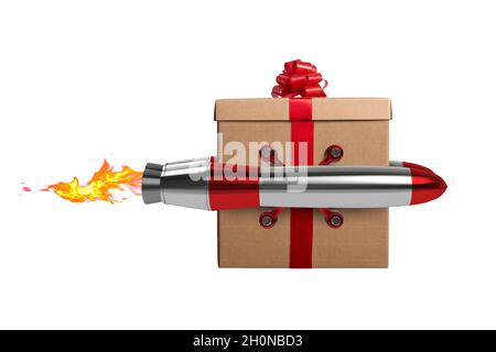 Le cadeau de Noël vole rapidement par une fusée puissante Banque D'Images