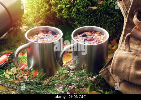 Des tasses de randonnée de thé de fruit sain, sac à dos de toile de voyageur, thermos, feuilles d'automne tombées, mousses forestières, brins de bruyère et d'épinette en automne pour Banque D'Images