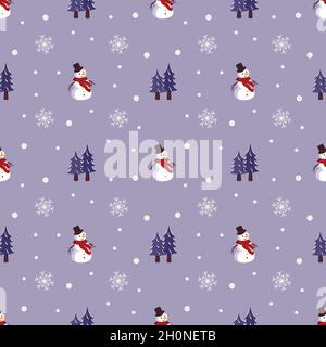 Motif de Noël sans couture avec bonhomme de neige, sapin et flocons de neige sur fond violet.Imprimé brillant pour le nouvel an et les vacances d'hiver, papier d'emballage, textiles et design. Illustration de Vecteur