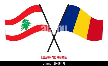 Liban et Roumanie drapeaux croisés et ondulant style plat. Proportion officielle. Corriger les couleurs. Illustration de Vecteur