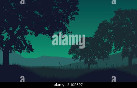 Une vue fantastique sur les montagnes avec des silhouettes d'arbres de l'extérieur de la ville la nuit.Illustration vectorielle d'une ville Illustration de Vecteur