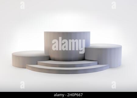 Podium à trois niveaux sur fond blanc avec réflexion.Socles géométriques à trois cylindres pour la présentation des produits.Vecteur, illustration 3D Illustration de Vecteur