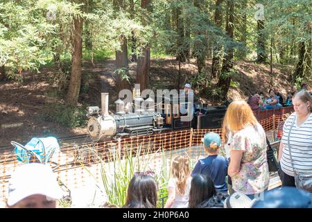 États-Unis.18 juillet 2021.Les gens attendent dans la ligne alors qu'une locomotive s'approche de la gare du chemin de fer de Redwood Valley, un train à vapeur à petite jauge en fonctionnement dans le parc régional de Tilden, Orinda, Californie, le 18 juillet 2021.(Photo par Smith Collection/Sftm/Gado/Sipa USA) crédit: SIPA USA/Alay Live News Banque D'Images