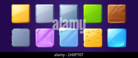 Boutons carrés avec des textures en métal, en bois et en eau pour la conception de jeux d'interface utilisateur.Ensemble de dessins animés vectoriels d'étiquettes brillantes en or, argent, acier, glace avec neige, pierre,fromage et cristal violet Illustration de Vecteur