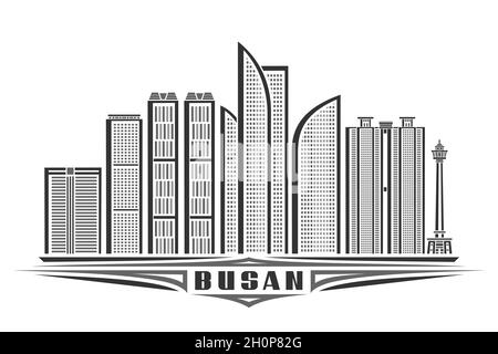 Illustration vectorielle de Busan, affiche horizontale monochrome avec design linéaire célèbre paysage de ville de busan, concept d'art urbain avec unique décoratif l Illustration de Vecteur