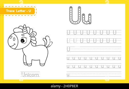 Tracer la lettre U en majuscules et en minuscules.Feuille de travail préscolaire de pratique de traçage d'alphabet pour les enfants apprenant l'anglais avec mignon animal de dessin animé.Colorier Illustration de Vecteur