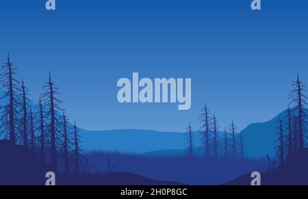 Vue fantastique sur les montagnes avec la silhouette de pins depuis le bord de la ville la nuit.Illustration vectorielle d'une ville Illustration de Vecteur