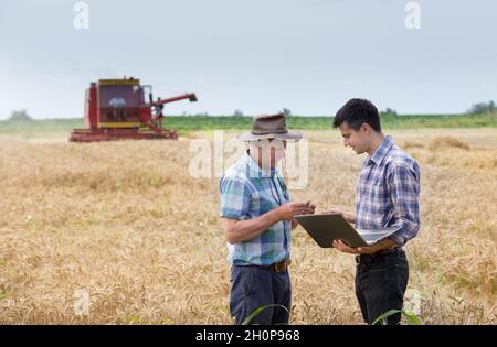 Deux agriculteurs se tenant sur un champ de blé lors de la récolte avec une moissonneuse-batteuse travaillant en arrière-plan Banque D'Images