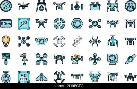 Les icônes de vidéographie aérienne définissent le vecteur de contour. Caméra de drone. Prise de vue Aero Illustration de Vecteur