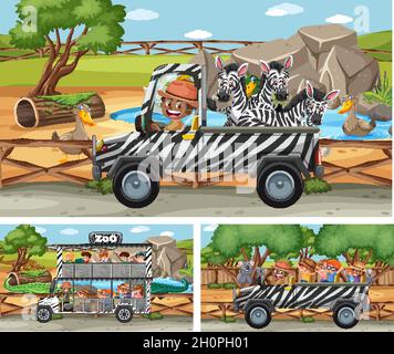 Différentes scènes de safari avec des animaux et des dessins de personnage de dessin animé d'enfants Illustration de Vecteur