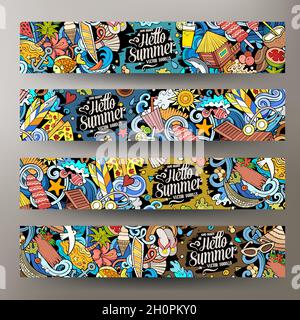 Ensemble de bannières horizontales Summer Beach à motif dessins animés Illustration de Vecteur