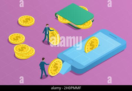 Portefeuille en ligne concept isométrique. Paiement et banque en ligne Illustration de Vecteur