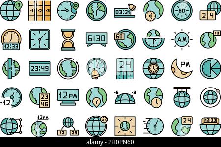 Les icônes de fuseaux horaires définissent le vecteur de contour. Heure de l'horloge. Masse calendrier Illustration de Vecteur