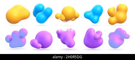 Formes 3d liquide abstraites, gouttes de peinture flottantes avec dégradé.Éléments moléculaires ou fluides réalistes.Ensemble de vecteurs à motif artistique biologique Illustration de Vecteur