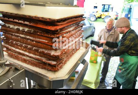 11 octobre 2021, Saxe, Fuchshain BEI Leipzig: Le jardinet paysagiste de Leipzig Andreas Richter (r), qui a installé son broyeur mobile de pommes pour une journée dans une ferme de Fuchshain, vérifie le jus de pomme fraîchement pressé des fruits apportés par ses clients.Devant les yeux de ses clients, la petite usine de fruits sur roues va transformer les fruits riches en vitamines en jus direct naturellement nuageux à divers endroits jusqu'à la fin du mois d'octobre et peut ensuite être emmenée à la maison en paquets de 5 litres.Avec la cidery mobile, Andreas Richter veut contribuer à la préservation, mais aussi à la Banque D'Images