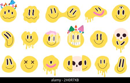 Rétro fondant fou et dégouillant visage smiley avec des champignons.Graffiti avec crâne déformé emoji.Jeu de caractères hippie groovy Smile vector Illustration de Vecteur