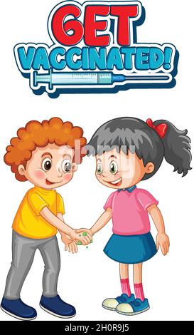 Deux personnages de dessin animé pour enfants ne gardent pas la distance sociale avec la police Get vacciné isolée sur fond blanc illustration Illustration de Vecteur