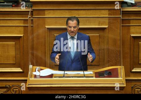 Adonis Georgiadis parle au Parlement grec, à Athènes, en Grèce Banque D'Images