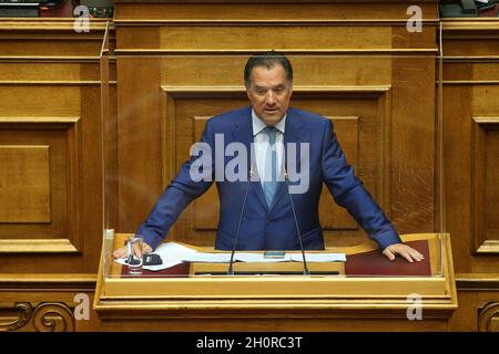 Adonis Georgiadis parle au Parlement grec, à Athènes, en Grèce Banque D'Images