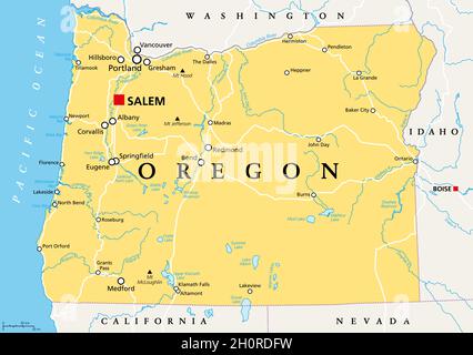 Oregon, OR, carte politique avec la capitale Salem.Dans la région du Nord-Ouest Pacifique de l'Ouest des États-Unis d'Amérique. Banque D'Images