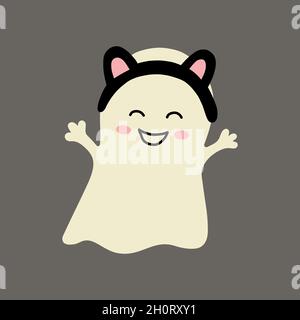 Halloween mignon Happy Ghost portant des oreilles de chats Illustration de Vecteur