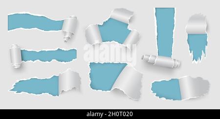 Page réaliste avec perforations découpées et déchirées et rouleau de papier.Affiche de vente sur les cadres en feuilles déchirées blanches.Jeu vectoriel de morceaux de papier dentelés et déchiquetés Illustration de Vecteur