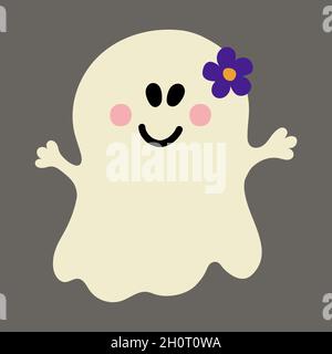 Halloween mignon Happy Girl Ghost port avec fleur Illustration de Vecteur