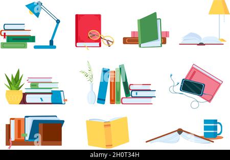 Lire la littérature, les piles de livres plats et les piles pour l'étude.Livres ouverts et fermés avec lampe.Ensemble de concepts vectoriels pour librairie, école ou livre audio Illustration de Vecteur