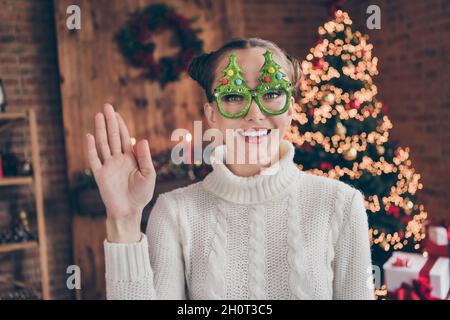 Photo de jeune fille heureux positif sourire porter lunettes arbre toujours vert se brandir main bonjour nouvel an fête vacances à l'intérieur Banque D'Images