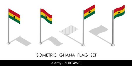 Drapeau isométrique du GHANA en position statique et en mouvement sur le mât.vecteur 3d Illustration de Vecteur