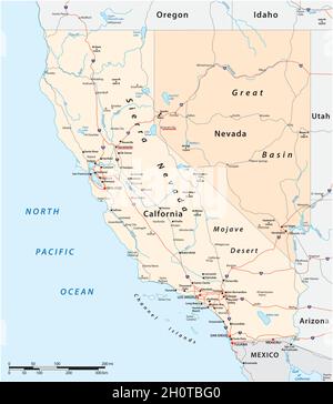 Carte routière vectorielle des États-Unis, Californie et Nevada Illustration de Vecteur