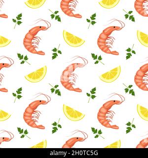 Motif sans couture avec crevettes ou crevettes, quartiers de citron et feuilles de persil.Impression alimentaire pour textiles, papier et autres motifs.Une source de vitamines et de nutrition saine.Illustration Vetor Illustration de Vecteur