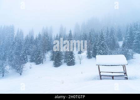 Abri solitaire en bois sur fond de montagnes et de forêt en cas de fortes chutes de neige et de brouillard Banque D'Images